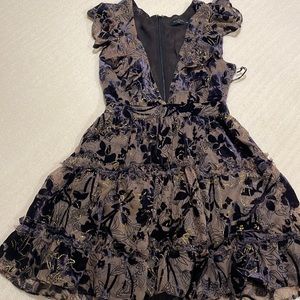 brown, navy, & gold mini dress